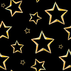 Christmas. Gold stars on a black background. Seamless watercolor pattern.