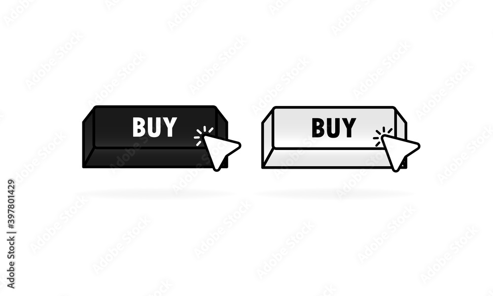 Poster Buy button icon in 3d style. Click buy. Button with mouse pointer. Vector illustration.