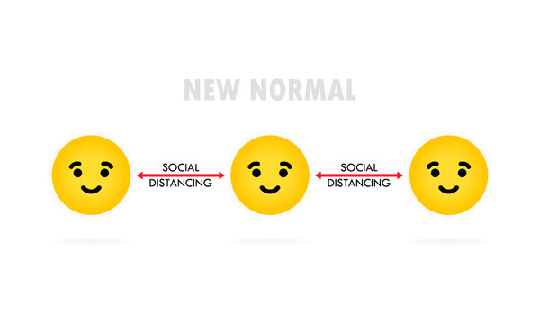 Social distancing emoji. New normal. Smiling faces icons with arrow and 2m, 6m feet text above. Coronavirus covid-19 outbreak prevention sign