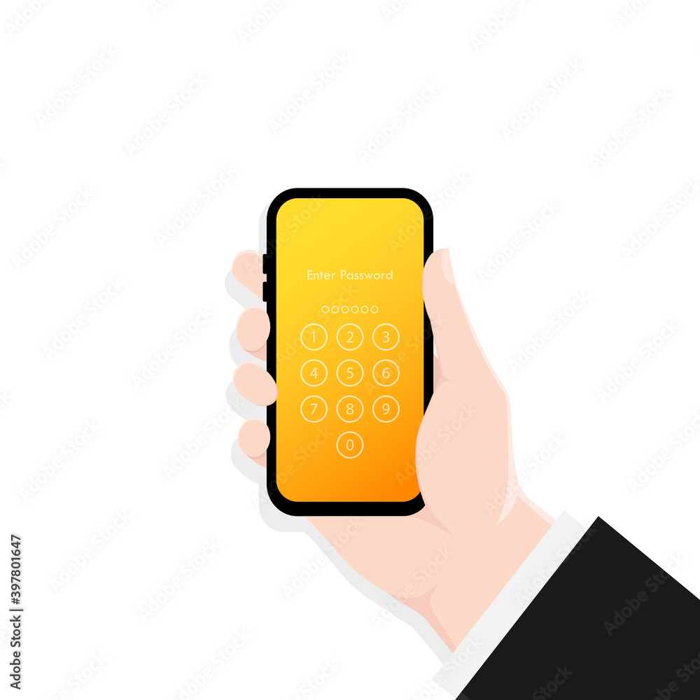 Poster screen lock.hand holding smartphone screen lock passcode interface. interface for lock screen or ent