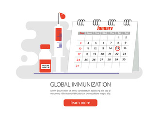 Vaccination schedule concept. Landing page template, banner, icon. Modern immunization concept for web design with syringe, vaccine, bottle, antibodies and virus. Flat vector illustration.