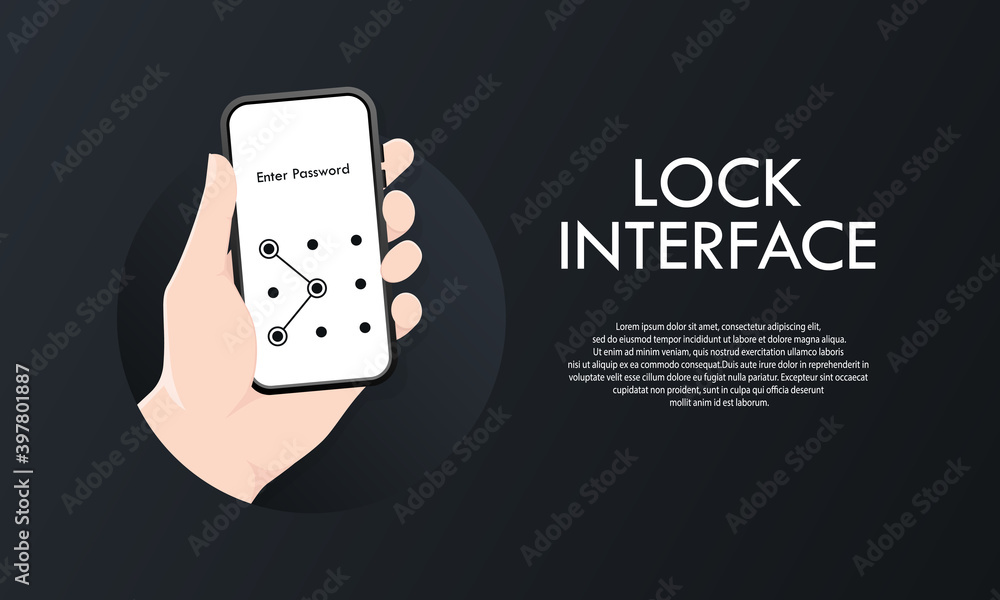 Poster phone lock screen. hand holding smartphone screen lock passcode interface. illustration of phone id 