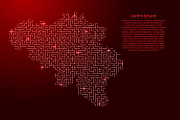 Belgium map from red pattern of the maze grid and glowing space stars grid. Vector illustration.