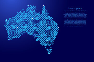 Australia map from blue pattern rhombuses of different sizes and glowing space stars grid. Vector illustration.