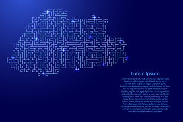 Bhutan map from blue pattern of the maze grid and glowing space stars grid. Vector illustration.