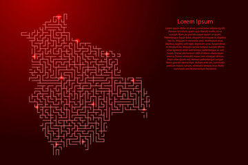 Bolivia map from red pattern of the maze grid and glowing space stars grid. Vector illustration.