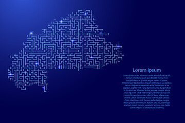 Burkina Faso map from blue pattern of the maze grid and glowing space stars grid. Vector illustration.