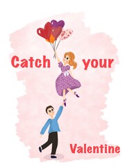 Hand draw illustration for Happy Valentine's Day. The girl holds the balloons and the guy catches her