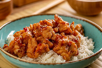 Plate of rice with spicy chicken meat