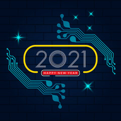 Fototapeta na wymiar 2021. Happy new year 2021 text design with circuit board technology background