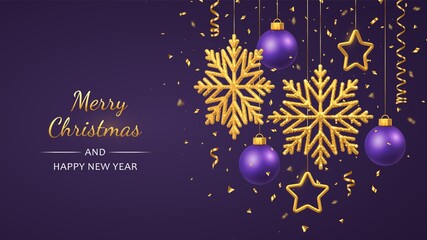 Christmas purple background with hanging shining golden snowflakes, 3D metallic stars and balls. Merry christmas greeting card. Holiday Xmas and New Year poster, web banner. Vector Illustration.
