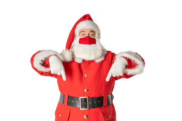 Santa Claus in a mask points on a white background. Specify a discount for purchases, transactions.