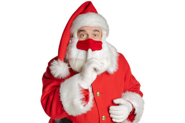Santa Claus in a mask quietly asks you not to make noise. Friendly Santa on a white background.