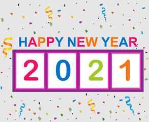 Abstract 2021 happy new year with a gray background and colorful text and elements.