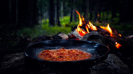 Tomato sauce cooked in a pan over the campfire
