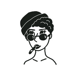black and white portrait of a girl.  Girl in a black hat with a cigar.  curly girl in black round glasses with puffy lips