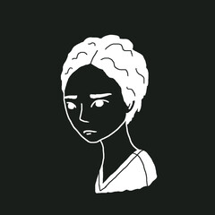 illustration of head. sad white girl on a black background.  Black and white drawing of a girl.  Young woman with short hair.