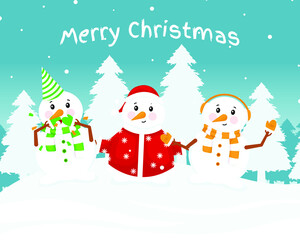 Cheerful snowmen. Three snowmen in knitted scarves and hats with gifts outdoors against the background of white Christmas trees. Vector illustration