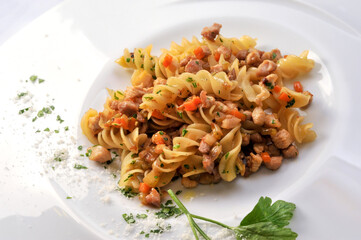 fusilli with bolognese sauce, Italian pasta with beef sauce