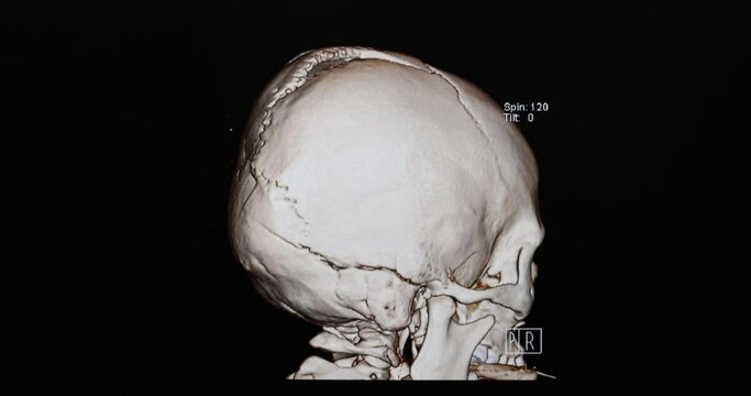 CT cine scan of a patient with falling injury showing severe depression fractures of skull, severe intracerebral hemorrhage, brain edema and herniation.