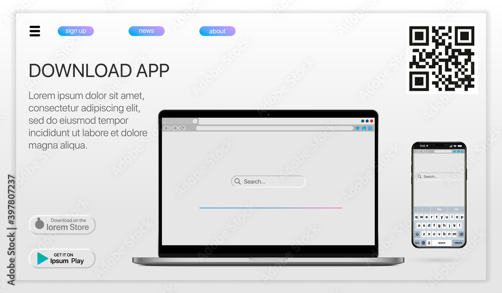 Poster download page of the mobile app and pc. empty screen smartphone for you app. download app. empty lap