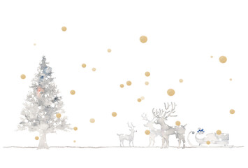 Fototapeta na wymiar 銀色のクリスマス、もみの木とトナカイと金色の雪