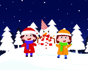 Winter outdoor activities with children and a snowman. Funny kids dazzled snowman and decorated his knitted scarf and cap. Christmas and New Year together with cheerful friends. Vector illustration