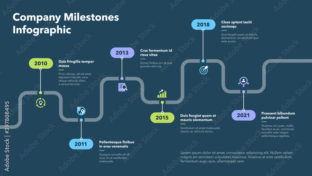 Poster modern infographic for company milestones timeline - dark version. easy to use for your website or p