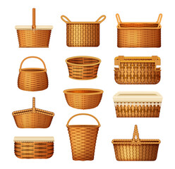 Realistic wicker basket set. Handcraft decorative basketry picnic containers. Empty wicker basket for Easter holiday, picnic, home decoration vector - obrazy, fototapety, plakaty