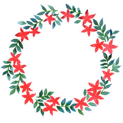 Red flower and green leaves wreath watercolor hand painting for decoration on Christmas holiday events.