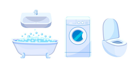 Bathroom with bath accessories. Sink with mixer, bathtub with water bubbles, washing machine, toilet. Household appliances for apartments and cottages, houses cartoon vector