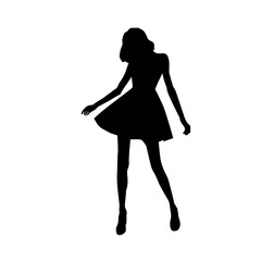 Dancing woman in mini dress, black vector silhouette illustration