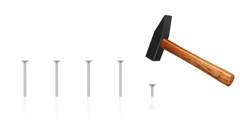 ein Hammer schlägt viele Nägel ein