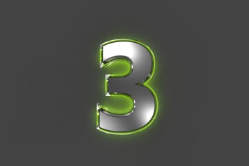Grey metalline font with green shine glassy outline - number 3 isolated on grey background, 3D illustration of symbols