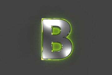Grey metalline alphabet with green shiny glassy outline - letter B isolated on grey, 3D illustration of symbols