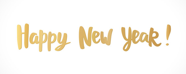 Fototapeta premium Banner with Happy New Year hand drawn text. Golden letters on white background. Holiday typography for Christmas and winter season headers, party posters, greeting cards. Vector.