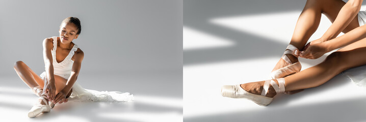 collage of graceful african american ballerina in pointe shoes sitting on floor on white background, banner - obrazy, fototapety, plakaty
