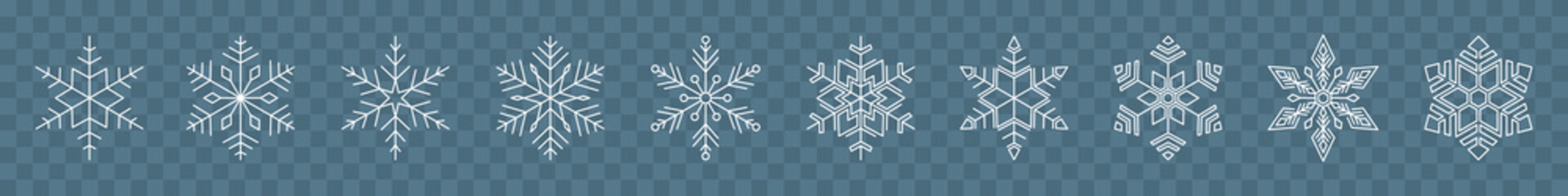 Snowflakes slimline collection. Elegant shapes from crystal flakes. Merry Christmas, Happy New Year, Xmas, celebration, holiday, snow, cold weather, frost and winter elements.