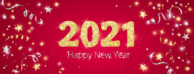 New year banner with decoration. 2021 gold glitter numbers. Falling confetti ribbons and stars. Gold and silver frame. For Christmas and winter holiday headers, party flyers. Vector illustration.