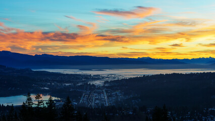 Sunrise over Fraser Valley and city of Port Moody, BC