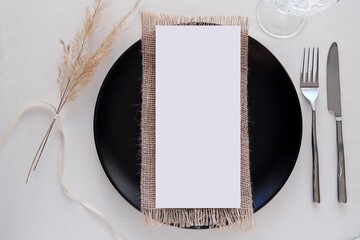 Menu mockup on table, blank card for rustic wedding, restaurant, festive dinner menu design presentation. - obrazy, fototapety, plakaty