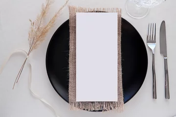 Fotobehang Menu mockup on table, blank card for rustic wedding, restaurant, festive dinner menu design presentation. © IndrePau