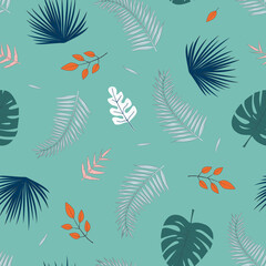 Fototapeta na wymiar Vector seamless pattern with bright tropical leaves on green background. For wallpapers, decoration, invitation, fabric, textile and print, gift and wrapping paper.