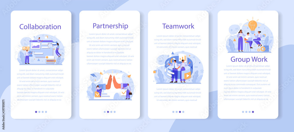 Poster collaboration mobile application banner set. office characters working in team.