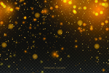 Glittering golden particles. Shiny glittering, gold dust effect on a black background. Ideal for Christmas and New Year's time. Vector illustration