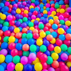 Background and texture of Multicolored plastic balls. Playground ball pool for fun and children's games. Kids party in entertainment center concept. 