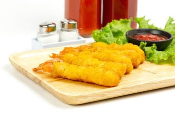 breaded shrimp on wooden plate isolated on white background