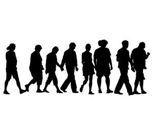 Young man and woman walking on street. Isolated silhouette on a white background