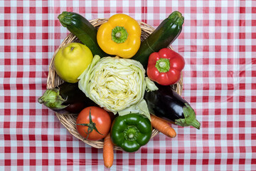 basket of vegetables on a checkered tablecloth