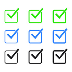 Check mark icon set isolated vector elements. Green,  blue, black tick approved symbol. 